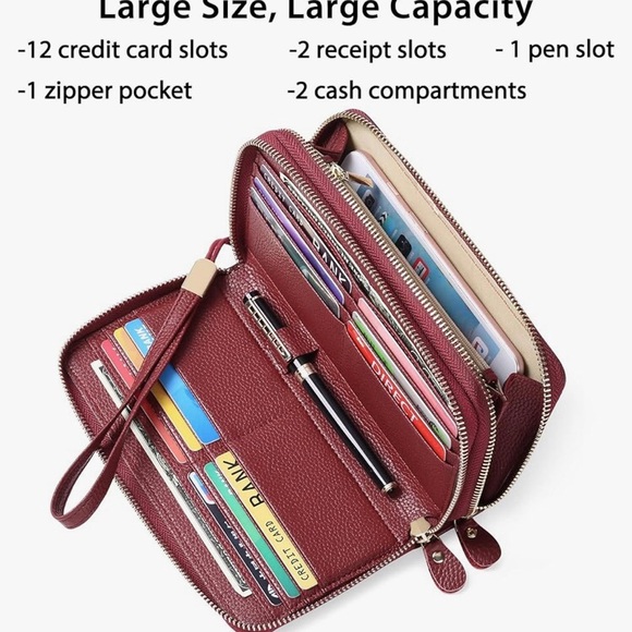 ☀️ NWOT Amazon Red RFID Blocking Leather Zip Around Large Wallet - Picture 7 of 11